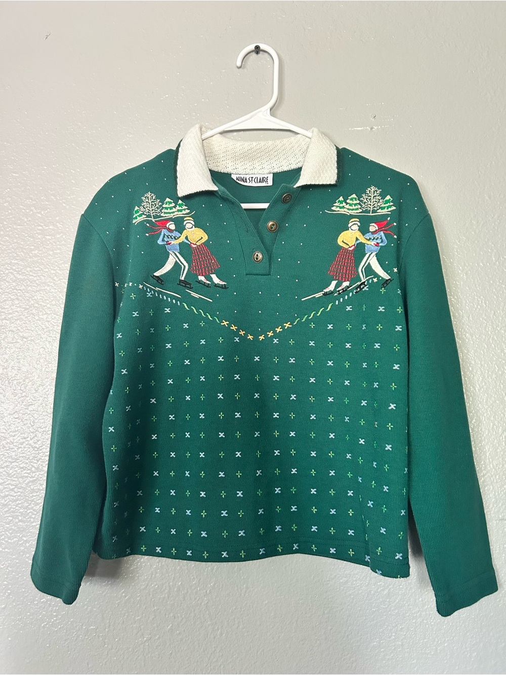 Vintage 80s Nina St Claire Winter Ice Skating Knit Polo Sweater Grandmacore M/L